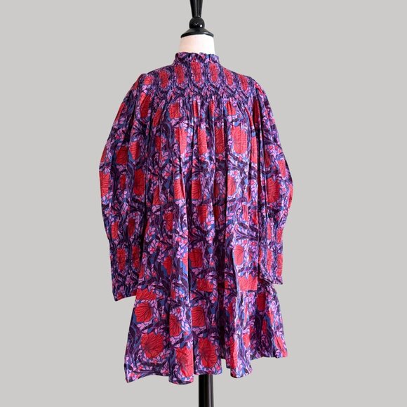 Bindu size XS Floral Smocked Dress Long Puff Sleeves, High Neck Multicolor - Picture 3 of 11